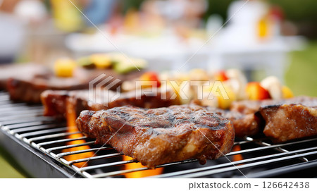 Grilled meats and vegetables on outdoor barbecue grill Grilled meats and vegetables on outdoor barbecue grill 126642438