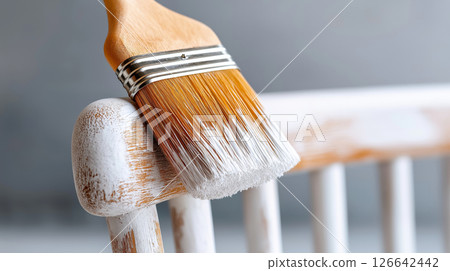 Close-up of paintbrush applying white paint on wooden surface 126642442