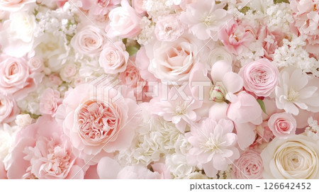 Elegant pink and white floral arrangement with roses, peonies, and orchids Elegant pink and white floral arrangement with roses, peonies, and orchids 126642452