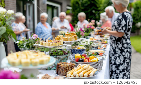 Elderly caucasian group enjoying outdoor buffet with diverse food variety Elderly caucasian group enjoying outdoor buffet with diverse food variety 126642453