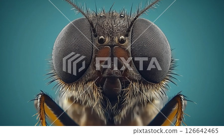 Close-up of a housefly's compound eyes and facial features 126642465
