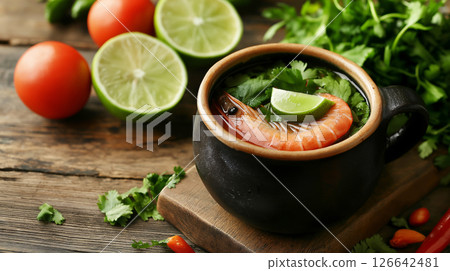 Delicious shrimp soup ceviche with lime and fresh vegetables on rustic table 126642481