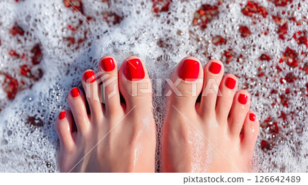 Close-up of female feet with red nail polish on beach pebbles with seafoam 126642489