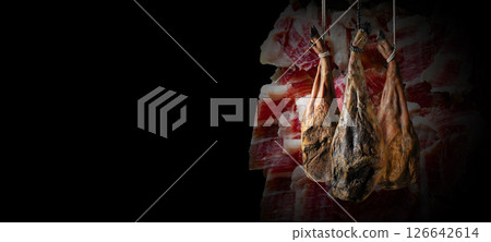 Dry Spanish ham, Jamon Serrano, Bellota, Italian Prosciutto Crudo or Parma ham. 126642614