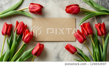 Blank kraft paper greeting card with fresh red tulips flowers floral arrangement on table top view, Blank kraft paper greeting card with fresh red tulips flowers floral arrangement on table top view, 126642697