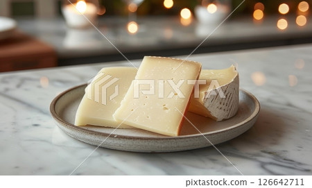 Assortment of Gourmet Semi-Hard Cheeses Beautifully Arranged on a Rustic Plate for Cheese Tasting. 126642711