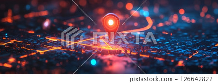 Red Location Pin Hovers Over a Futuristic Glowing Cityscape at Night, 3D Rendered Illustration 126642822
