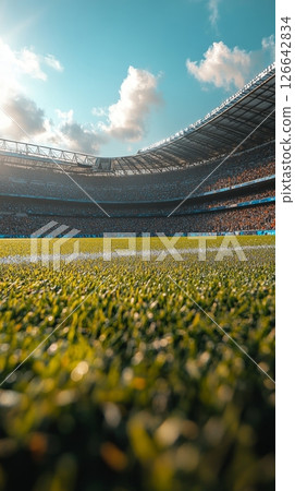 Vibrant Green Blurred Empty Stadium Grass, Sunny Day Football Arena wide angle View before Big Game 126642834