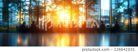 Silhouette, Teamwork, Business Meeting Discussing Strategies with a Setting Sun View. 126642835