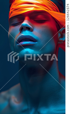 Close-up Portrait of a Man With Eyes Covered in Red Tape, Dramatic Red and Blue Lighting 126642874
