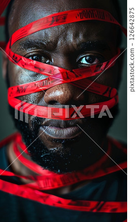 Close Up Portrait, Black Man with Red Tape Over His Eyes and Body, Censorship Concept 126642875
