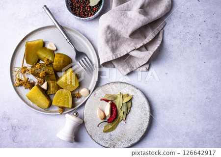 Bowl of pickled marinated cucumbers Bowl of pickled marinated cucumbers 126642917
