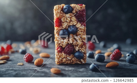 Healthy homemade granola bar with oatmeal, berries and nuts on a dark background. Close-up. 126642985