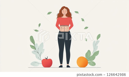 Healthy Lifestyle Concept. Woman Measuring her Waistline Fruits, Diet, Weight Management 126642986