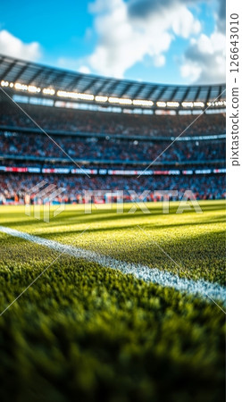 Empty Soccer Stadium With Lush Green Field Under Partly Cloudy Sky. Football Arena Before The Match. 126643010