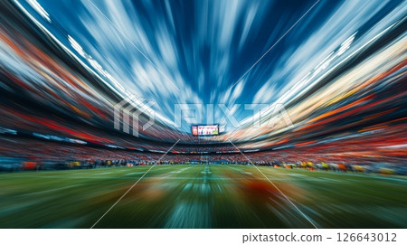 Dynamic Blur of a Crowded Stadium with Lush Green Field, Beneath an Energetic, Vibrant Sky. 126643012