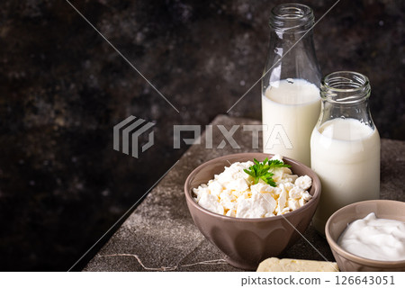 Dairy products. Milk, cottage cheese, cream, butter and yogurt Dairy products. Milk, cottage cheese, cream, butter and yogurt 126643051
