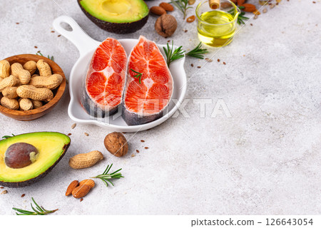 Healthy fat concept. Product with omega 3. Healthy fat concept. Product with omega 3. 126643054