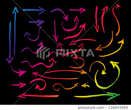Set of different grunge brush arrows, hand drawn pointers, isolated on black background. Colorful gradient arrow brush Stroke style, object for design use, vector logos icon speed concept Set of different grunge brush arrows, hand drawn pointers, isolated on black background. Colorful gradient arrow brush Stroke style, object for design use, vector logos icon speed concept 126643068