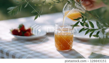 Relaxing picnic moment with a girl pouring orange juice into a jar on a beautiful sunny afternoon Relaxing picnic moment with a girl pouring orange juice into a jar on a beautiful sunny afternoon 126643151