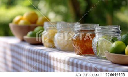 Set up a charming cocktail station featuring jams and citrus slices for refreshing summer drinks Set up a charming cocktail station featuring jams and citrus slices for refreshing summer drinks 126643153