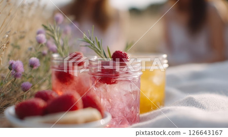 Friends share homemade jam jar drinks filled with vibrant fruit during a relaxed summer picnic 126643167