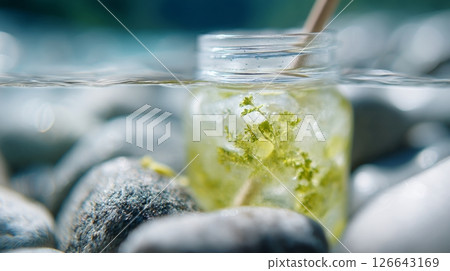 Jargarita in a jam jar is partly submerged in a stream, perfect for a summer picnic on the rocks 126643169