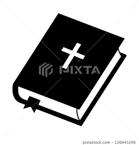 Bible Icon with White Cross Vector Illustration. The book is depicted at an angle, featuring a white Christian cross on the front cover. A ribbon bookmark is visible at the bottom. 126643206