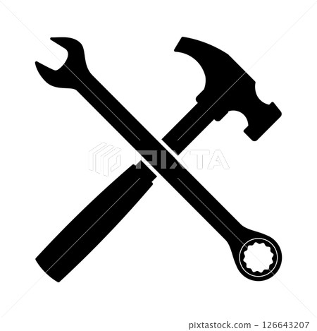 Wrench and Hammer Icon. Black Silhouette Vector of a wrench and a hammer crossed over each other, forming an X shape. 126643207