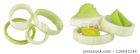sliced Leek vegetable isolated on white background. Top view. Flat lay 126643244