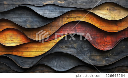 A series of wooden waves with a mix of brown, black, and orange colors. 126643264