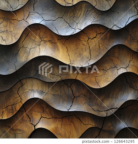 A series of wooden waves with a mix of brown, black, and orange colors. 126643295