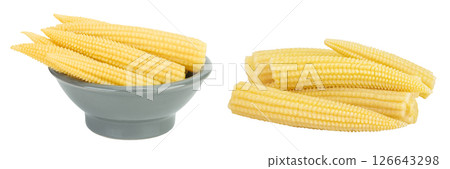 Pickled young baby corn cobs in wooden bowl isolated on white background Pickled young baby corn cobs in wooden bowl isolated on white background 126643298