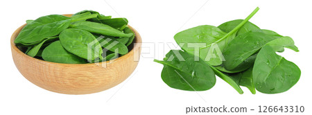 Baby spinach leaves in wooden bowl isolated on white background Baby spinach leaves in wooden bowl isolated on white background 126643310