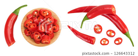 red hot chili pepper slices in wooden bowl isolated on white background. Top view. Flat lay. 126643312