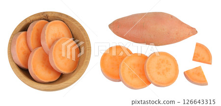 Sweet potato slices in a wooden bowl isolated on white background. Top view. Flat lay Sweet potato slices in a wooden bowl isolated on white background. Top view. Flat lay 126643315