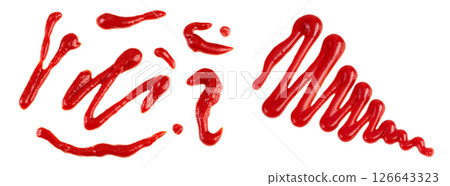 Red tomato sauce or ketchup isolated on white background. Top view. Flat lay. Set or collection 126643323