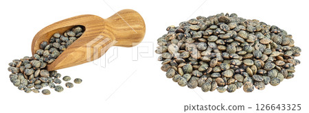 raw french green lentils in wooden scoop isolated on white background with full depth of field 126643325