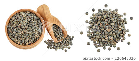 raw french green lentils in wooden bowl isolated on white background. Top view. Flat lay 126643326