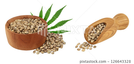 Hemp seeds in wooden bowl isolated on white background with full depth of field 126643328