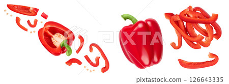 red sweet bell pepper with slices isolated on white background. Top view. Flat lay 126643335