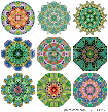 Set of colorful cute Mandalas. Decorative unusual round ornaments. 126643447