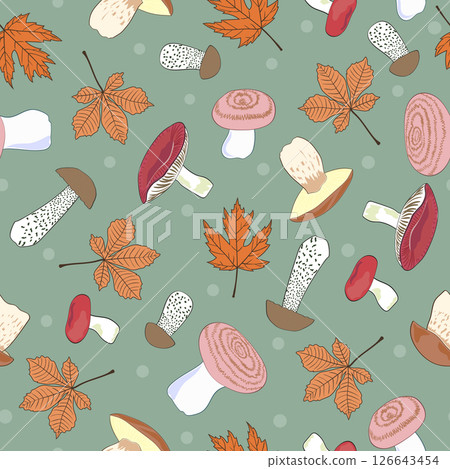 Seamless autumn pattern with mushrooms and leaves. Hand drawn fall print 126643454