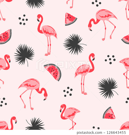 Seamless tropical trendy pattern with flamingos, watermelon and palm leaves 126643455