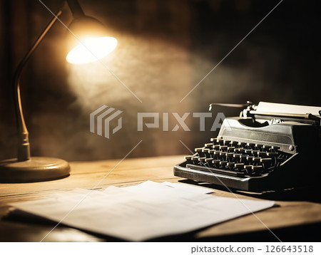 Vintage typewriter on a wooden desk illuminated by a warm desk lamp 126643518