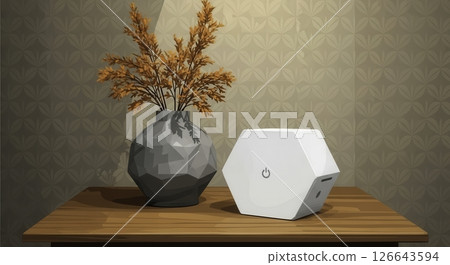 Stylized interior illustration featuring geometric white gadget and decorative vase with orange plants in contemporary setting Stylized interior illustration featuring geometric white gadget and decorative vase with orange plants in contemporary setting 126643594