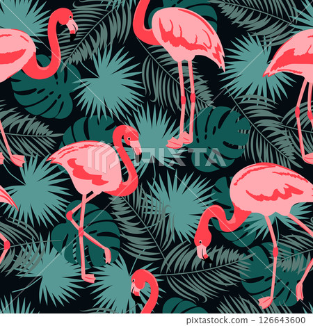 Seamless tropical pattern with beautiful flamingo 126643600
