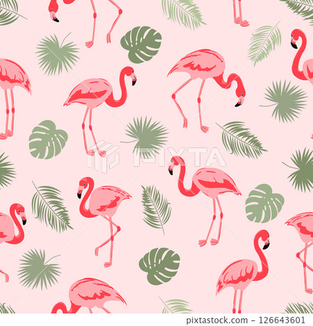 Seamless flamingo bird pattern. Vector tropical background with flamingos and leaves 126643601
