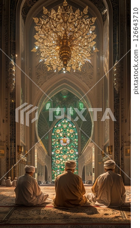 Spiritual Serenity Muslim Men in Prayer at Sacred Mosque During Ramadan, Faith and Devotion 126643710