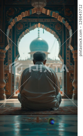 Serene Moment of Prayer Man Finds Peace and Reflection in the Sacred Ambiance of a Mosque Serene Moment of Prayer Man Finds Peace and Reflection in the Sacred Ambiance of a Mosque 126643712